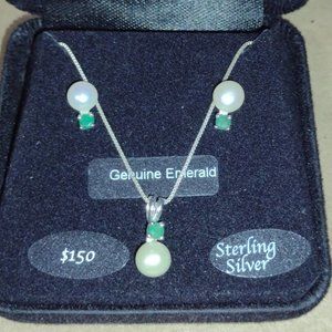 Emerald, Pearl, Sterling Silver Earring & Necklace Set